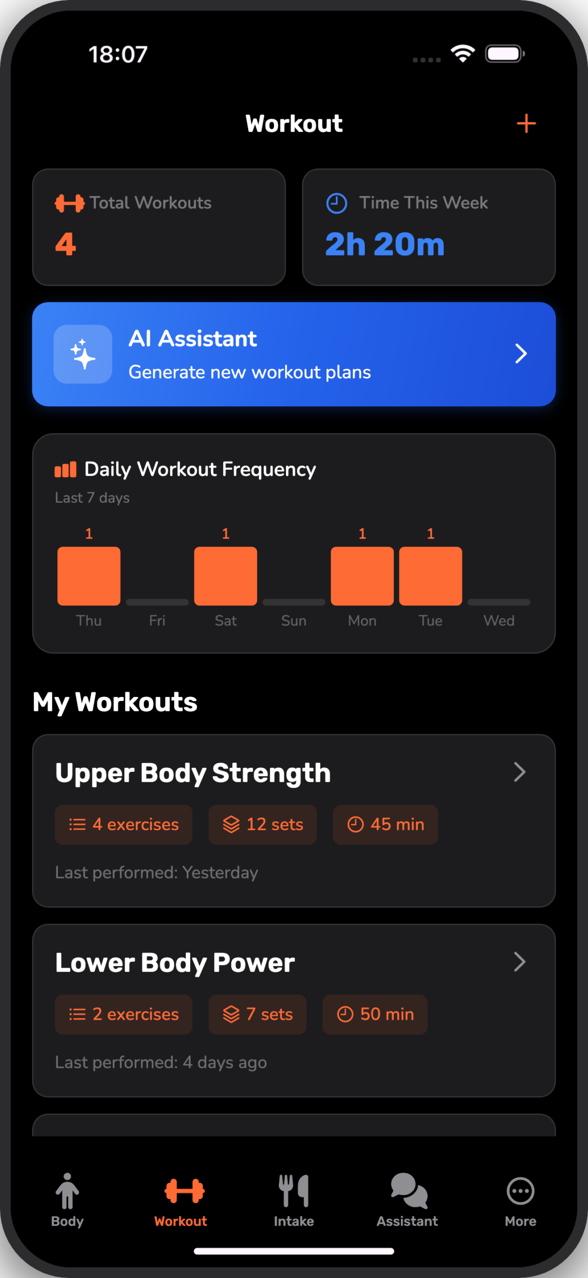 Body Journey workout dashboard - custom workout logging