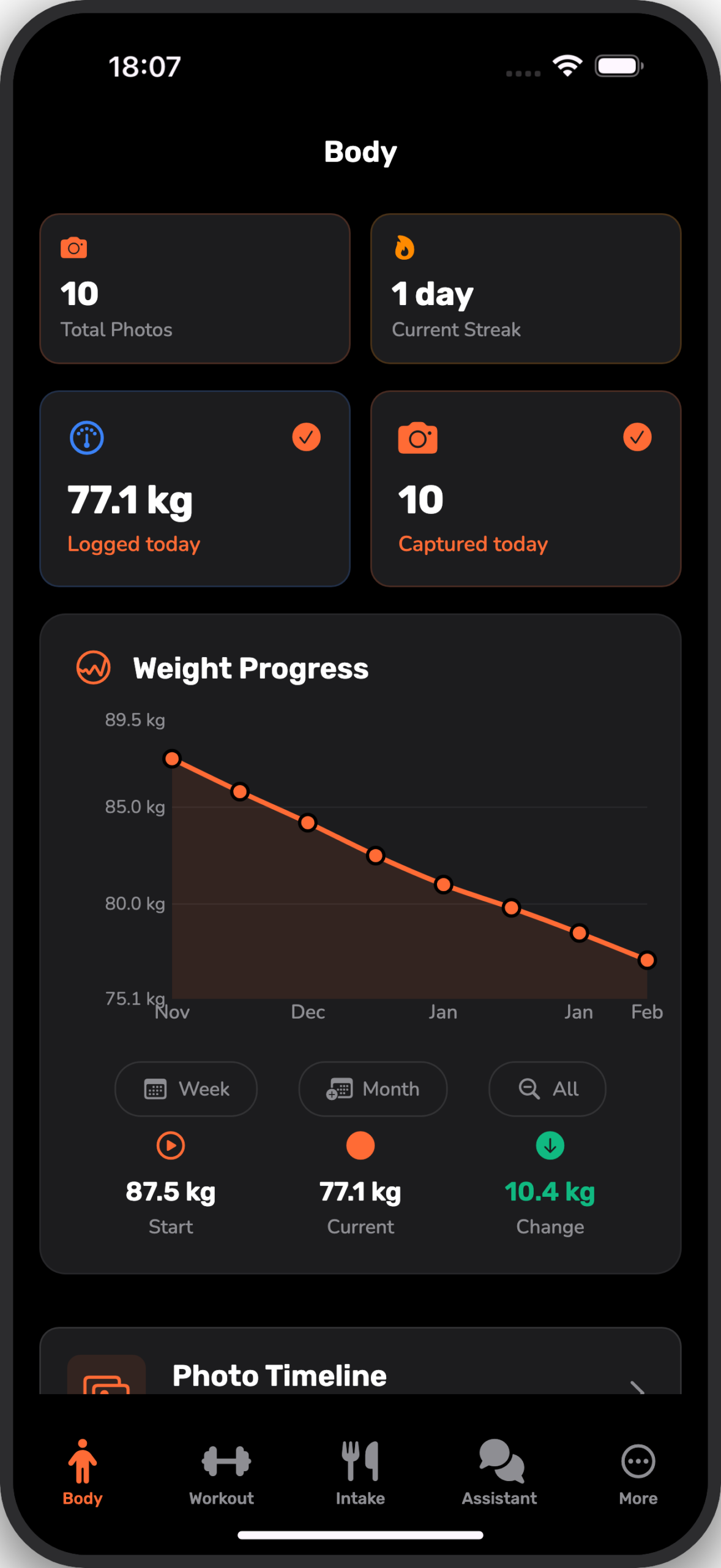 Body Journey app body dashboard screen - progress photos