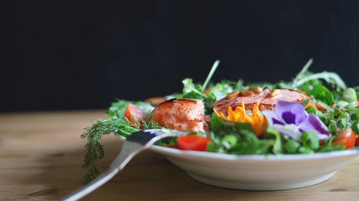 Low carb rest day recovery meal with salmon and salad